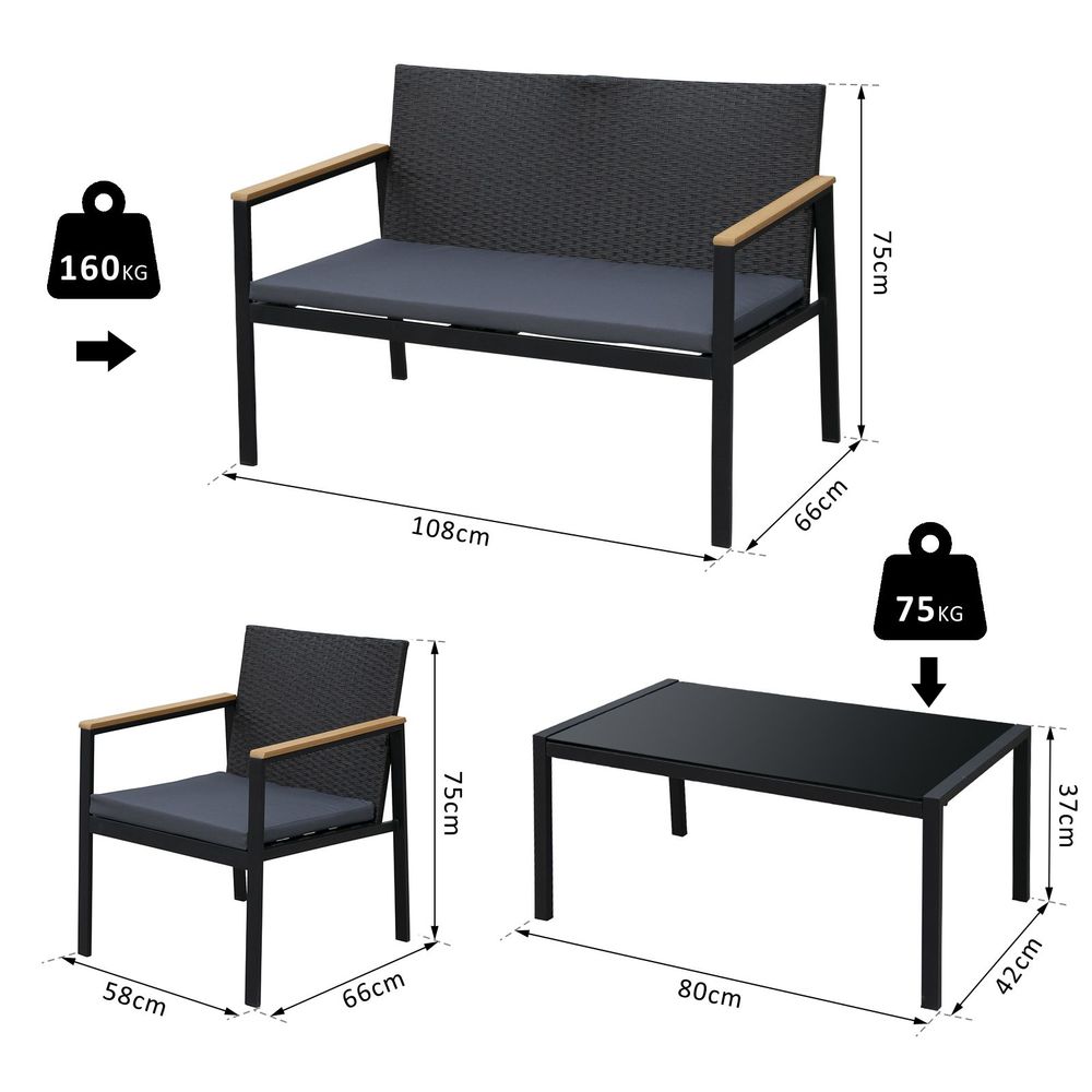 Premium Outdoor 4-Seater Rattan Dining Set - Black, Comfortable Cushions, Tempered Glass Top