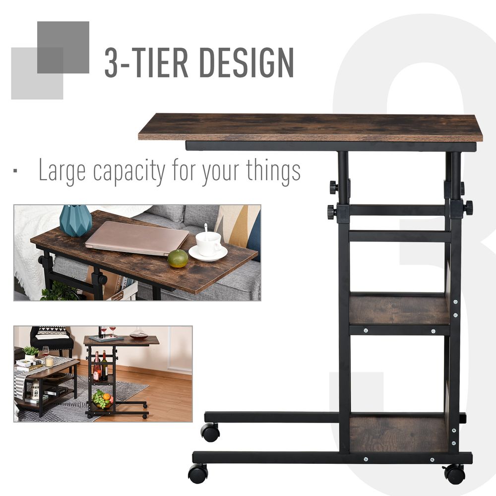 HOMCOM Industrial Mobile Sofa Side Table C-Shaped Rolling Couch Table with 3-Tier Storage Shelving Four Lockable Wheels Steel Frame - Brown