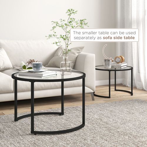 HOMCOM Glass Coffee Table Set of 2, Round Nest of Tables for Living Room