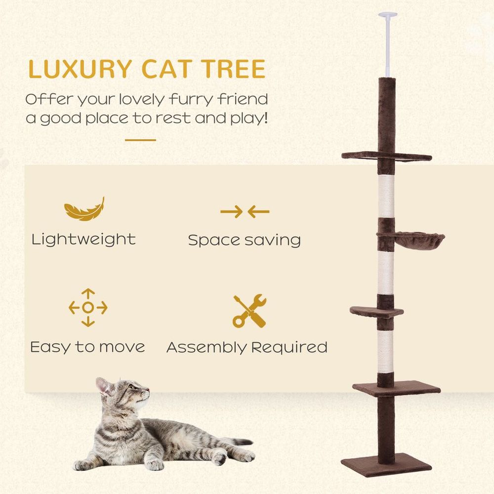 FloortoCeiling Cat Tree 5Tier Kitty Tower Brown for Indoor Cats, HighQuality & Tension Rod Included