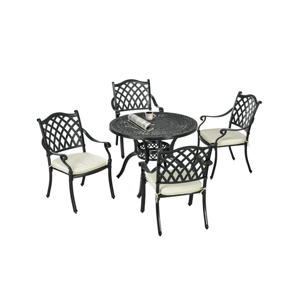 Premium Quality 4 Seater Dining Set | Cushions Included | Round Table with Parasol Hole | Bronze Finish
