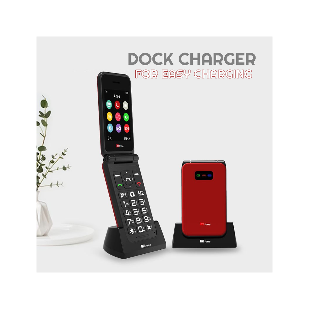 Red TTfone Flip 4G Mobile: Big Button, Emergency Button, Charger, Pay As You Go