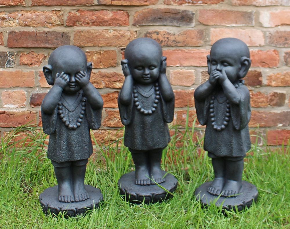 Set of 3 Stone Effect Monk Ornaments - See No Evil, Hear No Evil, Speak No Evil