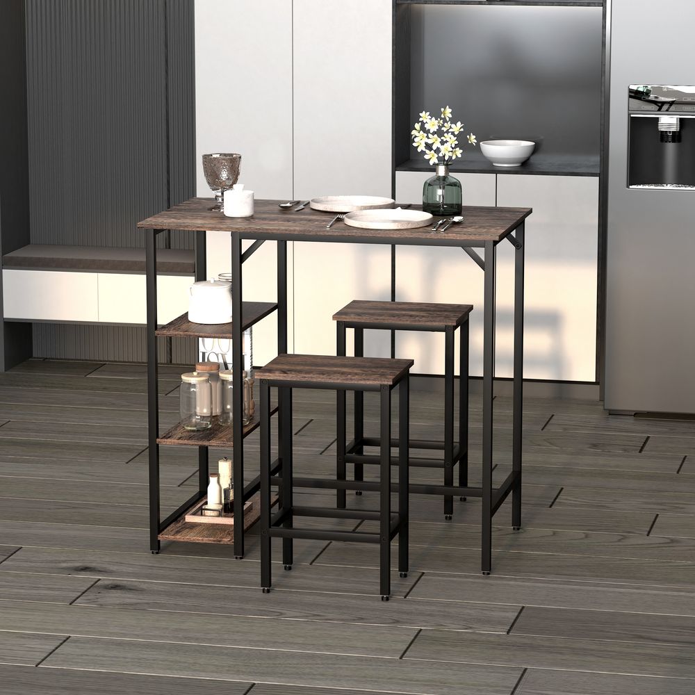 Industrial Bar Height Dining Set: 3PC Table, 2 Stools, Side Shelf - Sturdy & Stylish