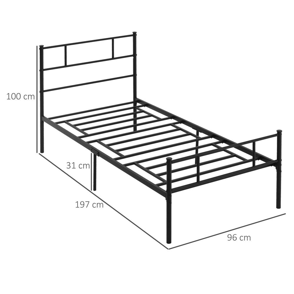HOMCOM Single Metal Bed Frame Solid Bedstead Base with Headboard and Footboard, Metal Slat Support and Underbed Storage Space, Bedroom Furniture, Black