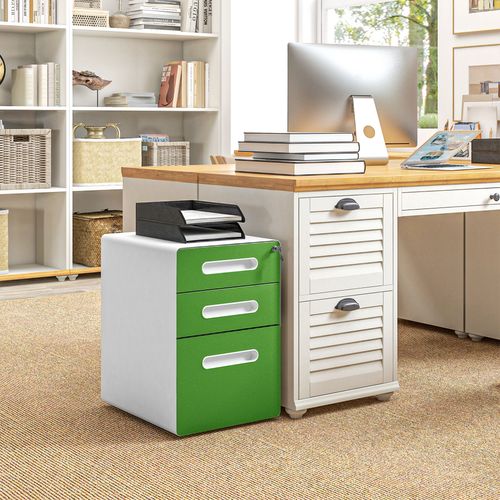 Vinsetto 3 Drawer Modern Steel Filing Cabinet w/ 4 Wheels Lock Box