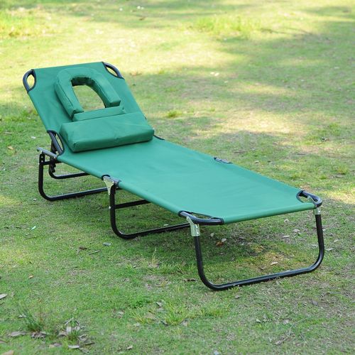 Outsunny Folding Sun Lounger Reclining Chair with Pillow Reading Hole Dark Green