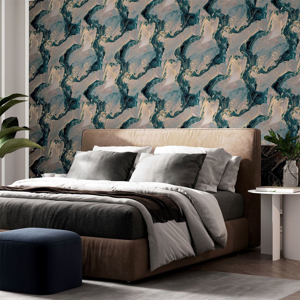 Luxury Abstract Marble Teal/Gold Sw12 Wall Art