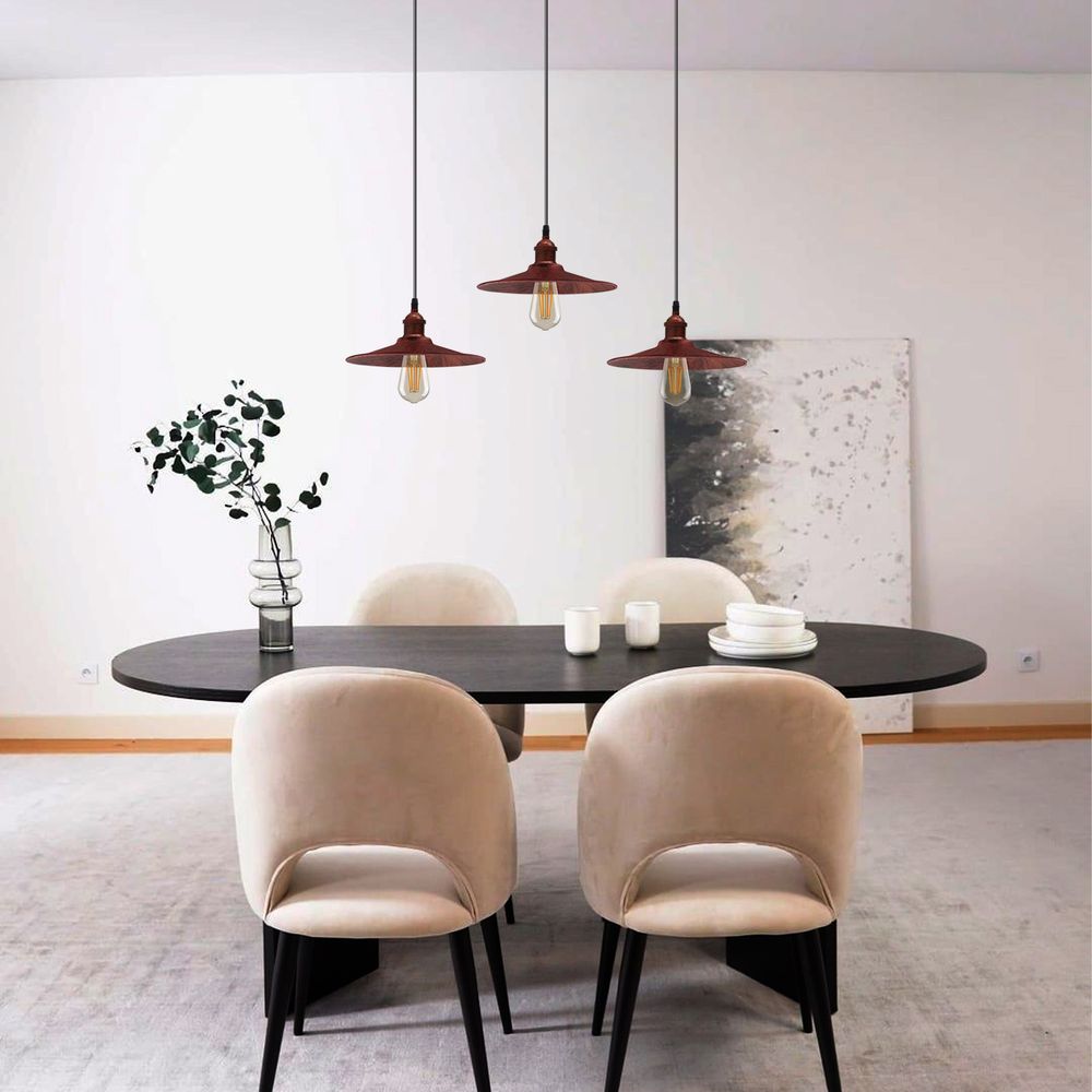 Vintage Rustic Red Pendant Lamp - 3 Head Reactangle Base, Metal Shade, E27 Base, Brushed Light, Long Wire - High Quality