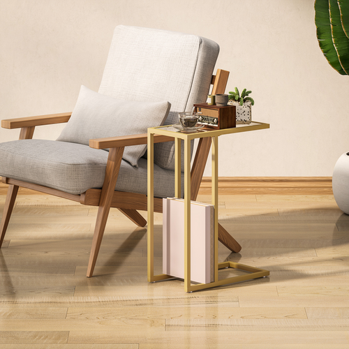 HOMCOM C-Shaped Side Table, End Table with Tempered Glass Tabletop, Gold