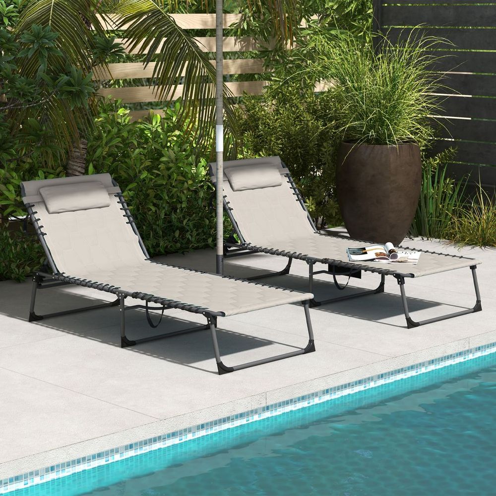 Premium Outsunny Foldable Sun Lounger Set - 2-Piece Reclining Lounger in Khaki with Padded Seat +