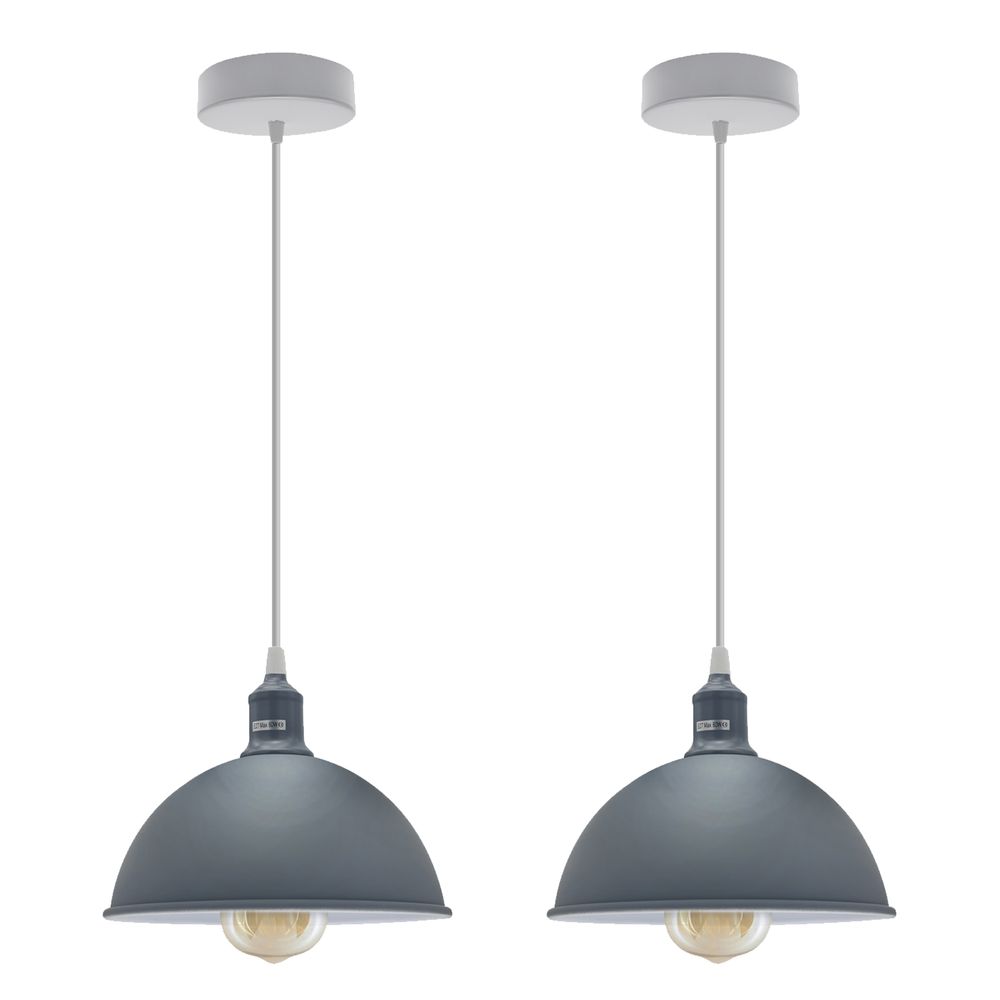 Grey Loft Style Metal Pendant Lights - 2 Pack, 21cm Dome Shaped Spray Finish, Inner White, Sturdy, E27 Bulb Socket