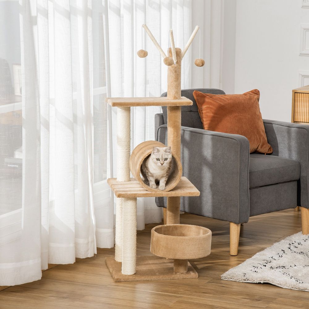PawHut Cat Tree for Indoor Cats 121cm Kitten Tower Sisal Scratching Post Pet Activity Center Perch Condo Hanging Ball Grey