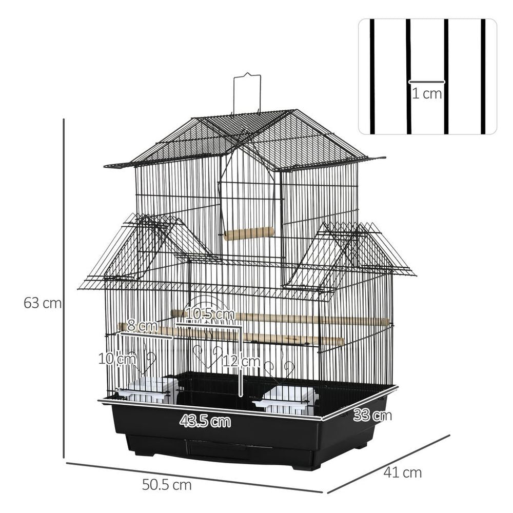 High-Quality Metal Bird Cage w/ Plastic Perch & Food Container - 50.5x40x63cm - Black