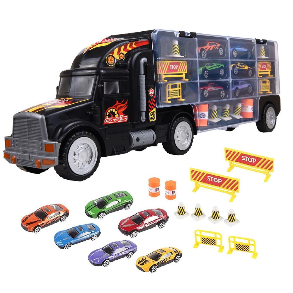 Soka Car Transporter Carrier Truck Toy - Play Vehicle Set of 1 Big Truck Carrier, 6 Colourful Metal Cars, 5 Cones, 2 Barrels and 4 Stop Signs
