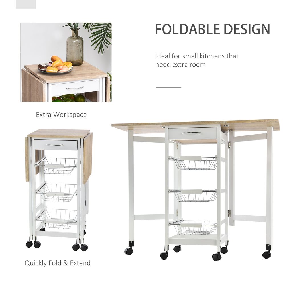 MDF Extendable Kitchen Island Trolley - White, Steel Drawers, Oak Countertop