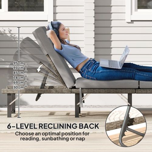 Outsunny Folding Rattan Sun Lounger with Adjustable Back, Cushion, Grey