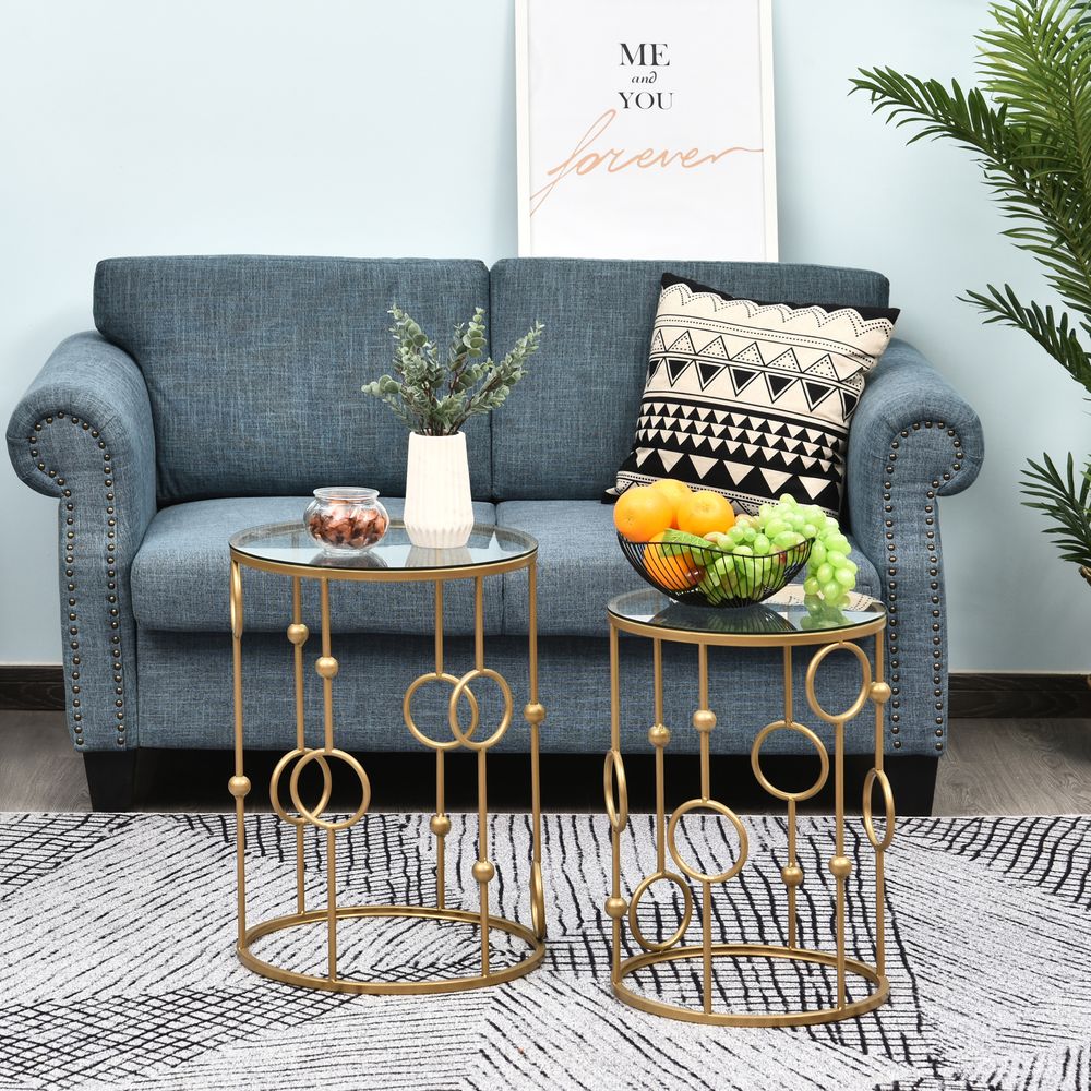 HOMCOM Round Coffee Tables Set of 2, Gold Nesting Side End Tables with Tempered Glass Top, Steel Frame for Living Room, Gold E