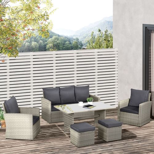 Outsunny 6 Pieces Outdoor PE Rattan Garden Furniture Set with Three-seat, Armchairs and Footstools, Patio Wicker Dining Sets w/Glass Top Dining Table, Soft Cushion, Mixed Grey