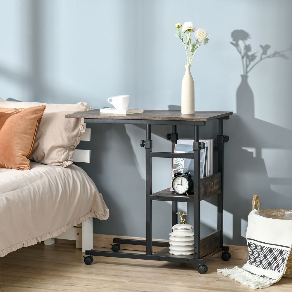 HOMCOM Industrial Mobile Sofa Side Table C-Shaped Rolling Couch Table with 3-Tier Storage Shelving Four Lockable Wheels Steel Frame - Brown