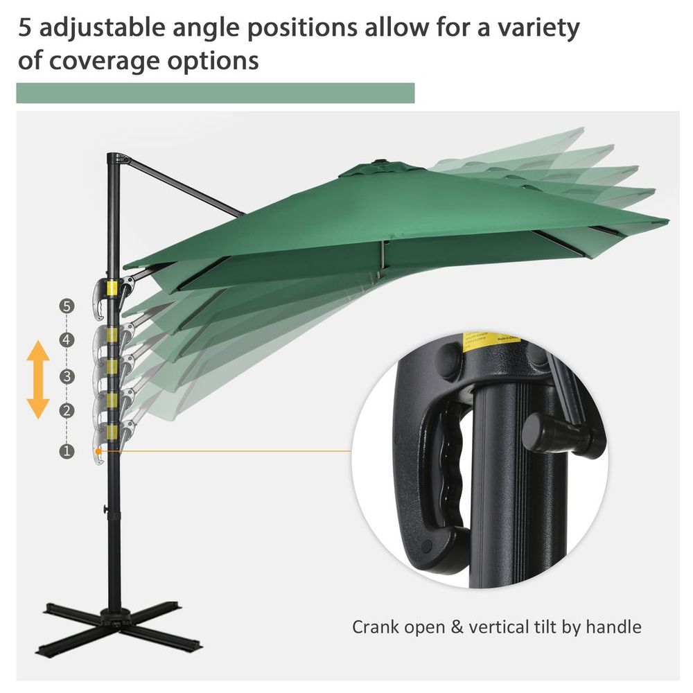 High-Quality Outsunny Cantilever Parasol - 360° Rotation, Hand Crank, UV Protection - Green