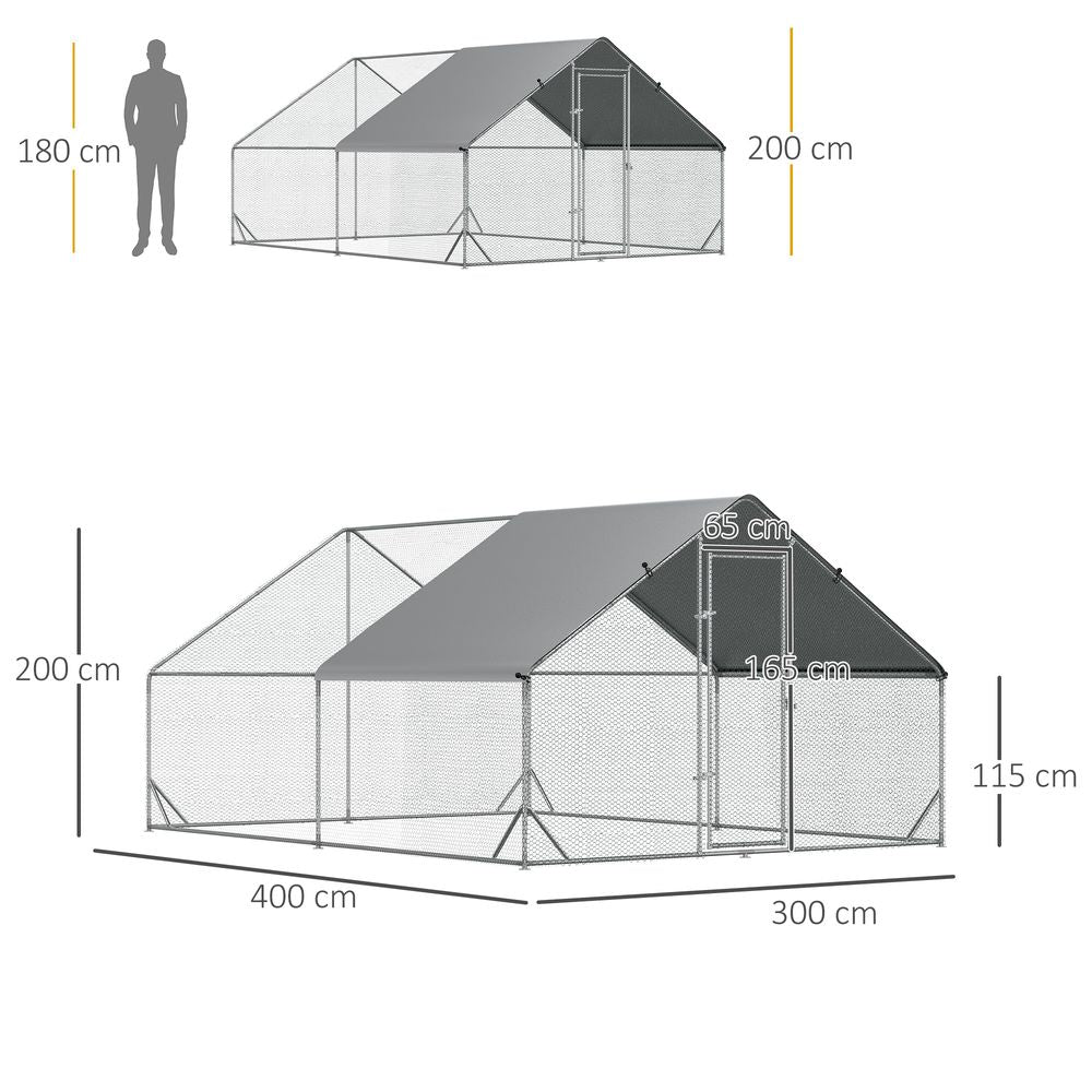 PawHut Chicken Run Galvanised Walk-in Chicken Coop Hen Poultry House Cage Rabbit Hutch Pet Playpen Garden w/Water-Resist Cover, 3 x 4 x 2m