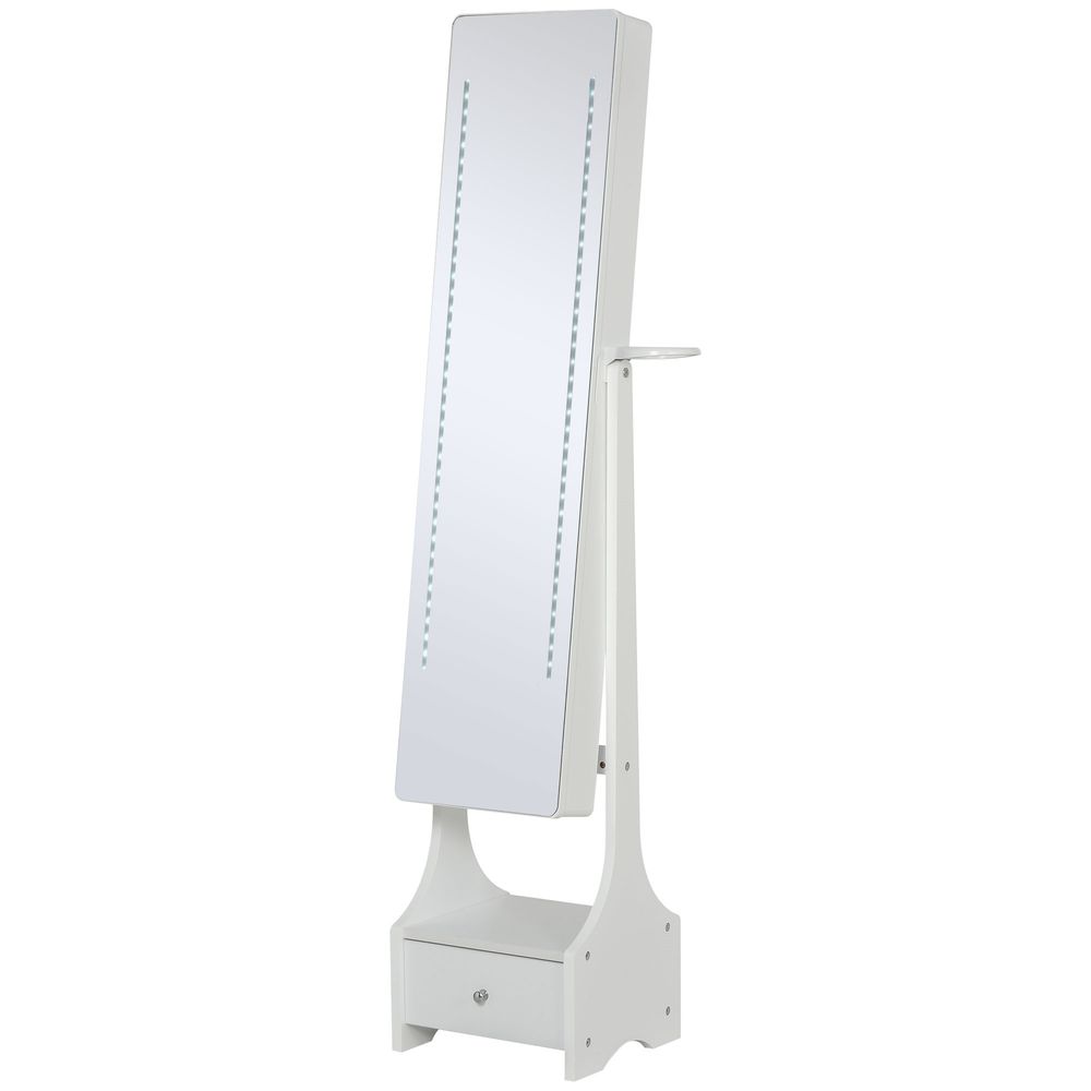 HOMCOM Jewellery Cabinet, Full Length Mirror with Storage, Free Standing Mirror with LED Lights, Hooks, Drawer and Hairdryer Holder for Bedroom, White