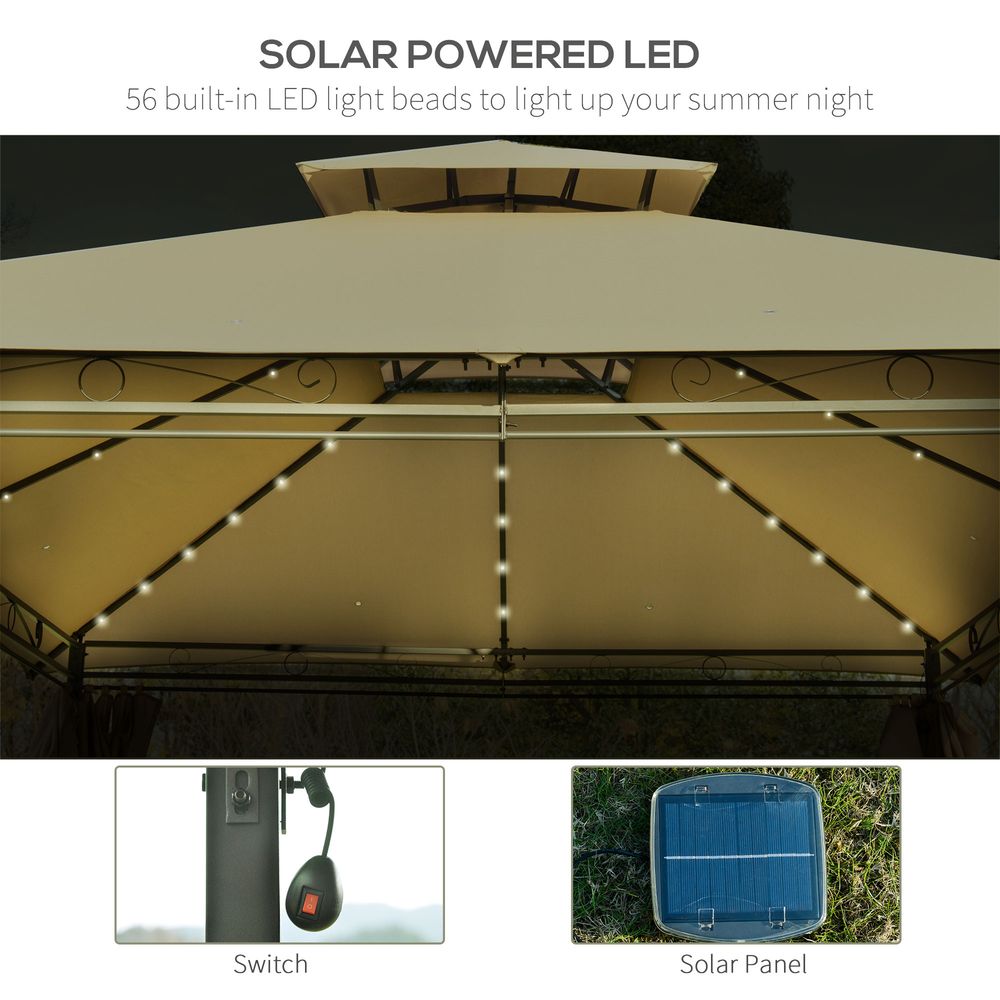 Outdoor Tent Garden Pavilion 4x3m | LED Solar Light | Steel Frame | Khaki