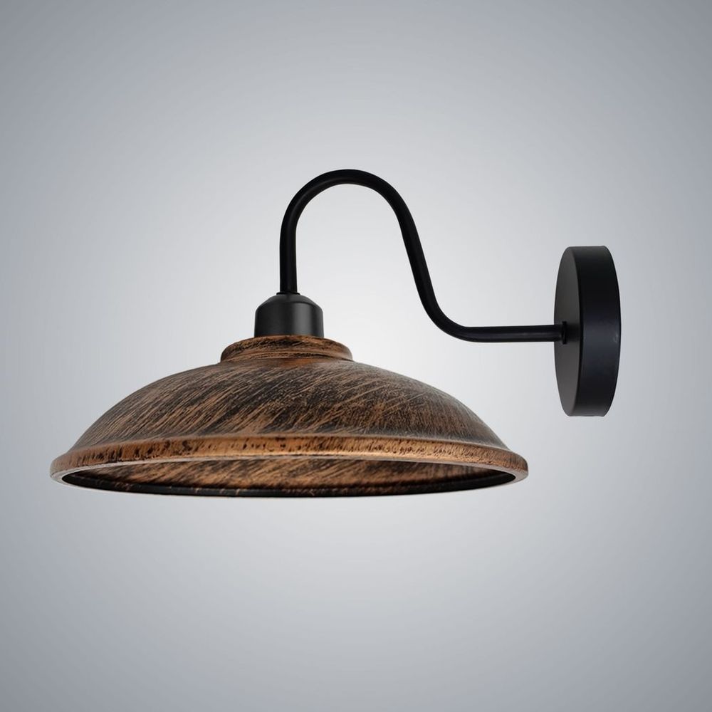 Vintage Brushed Copper Wall Light Fixture, Black Wall Sconce w/ E27 Base Socket, Swan Neck Hemisphere Shade