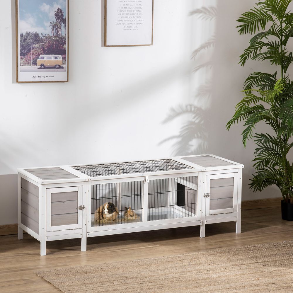 PawHut IE Located Wooden Rabbit Hutch Guinea Pig Cage Separable Bunny Run Small Bunny House w/Slide Out Tray - Grey