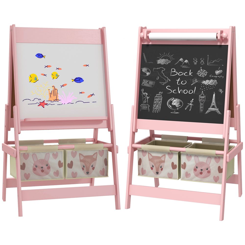 AIYAPLAY Kids Easel with Paper Roll, 3 in 1 Art Easel for Children, with Blackboard, Whiteboard, Storage Baskets, Pink