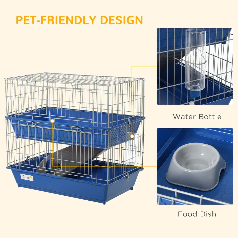 PawHut Double Tier Small Animal Cage Rabbit Chinchillas Cage w/Ramp Food Dish Water Bottle Deep Trays Pet Home 72 x 44 x 67 cm