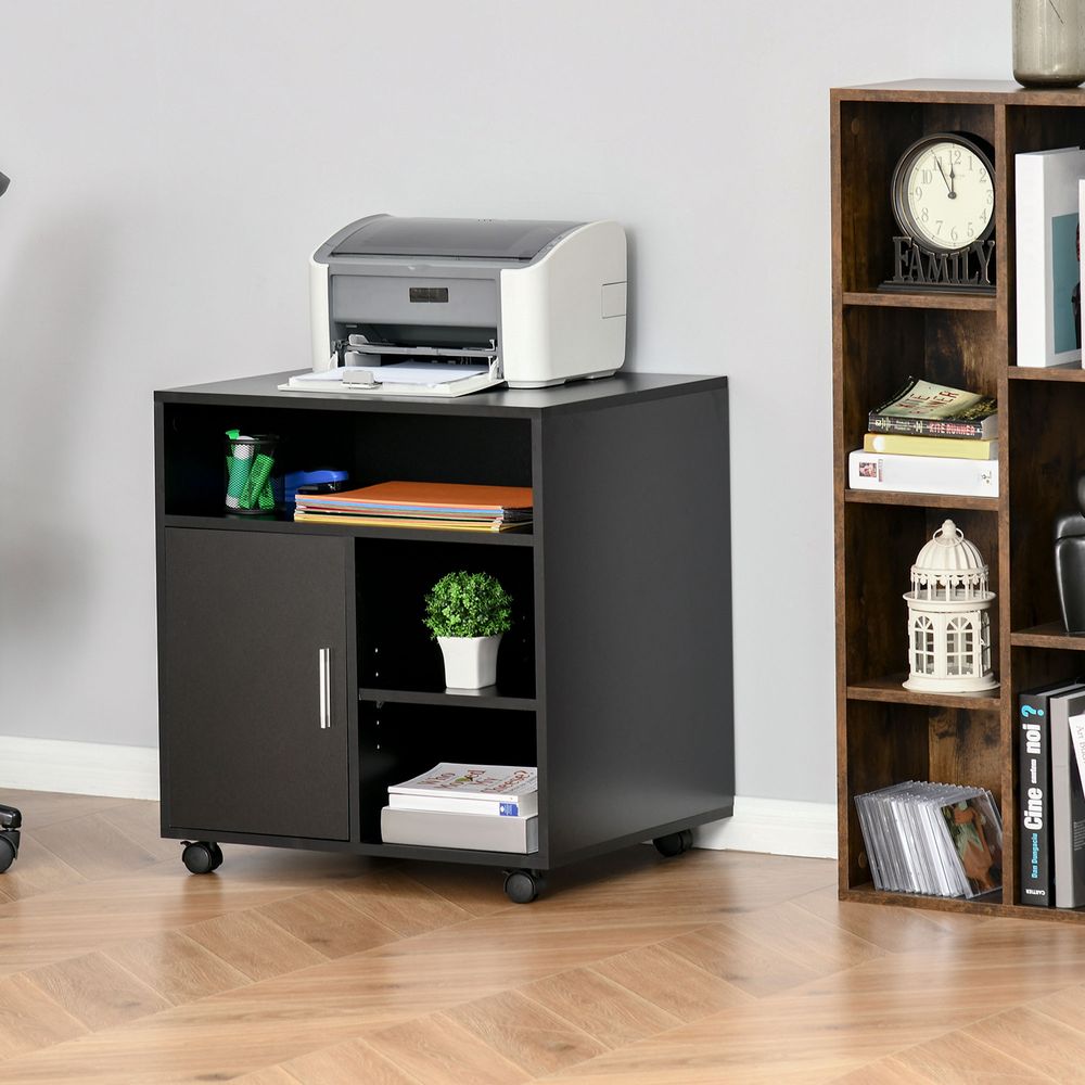 HOMCOM Multi-Storage Printer Stand Unit Office Desk Side Mobile Storage w/Wheels Modern Style 60L x 50W x 65.5H cm - Black