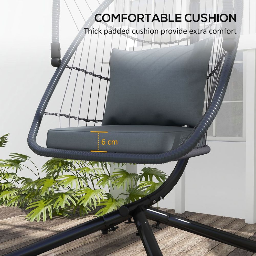 Hanging Swing Chair w/ Cushion, Patio Chair, Grey - Strong Steel Frame, Foldable Seat, Outdoor/Indoor Use - 150kg Capacity