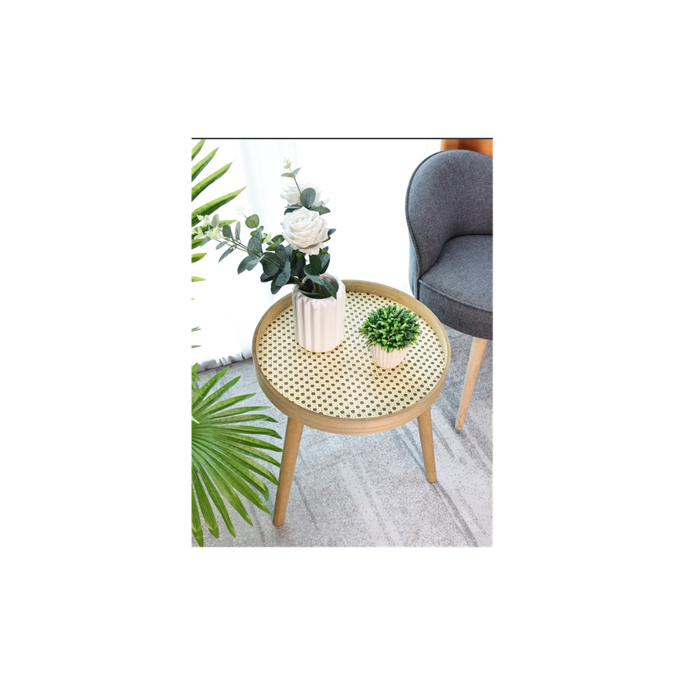 SHLEDECOR Cane Side Table With Rattan Circle Round Table - Solid Matte Oak Finish Legs - Sofa Table Stool End Table