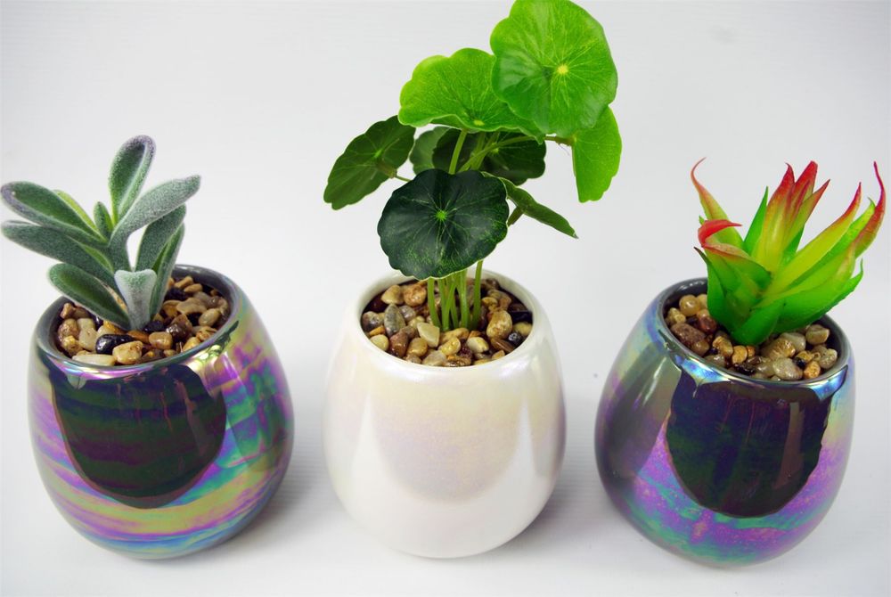 Premium 15cm Set of 3 Grey White Mix Ceramic Mini Planters + Artificial Succulent Plants