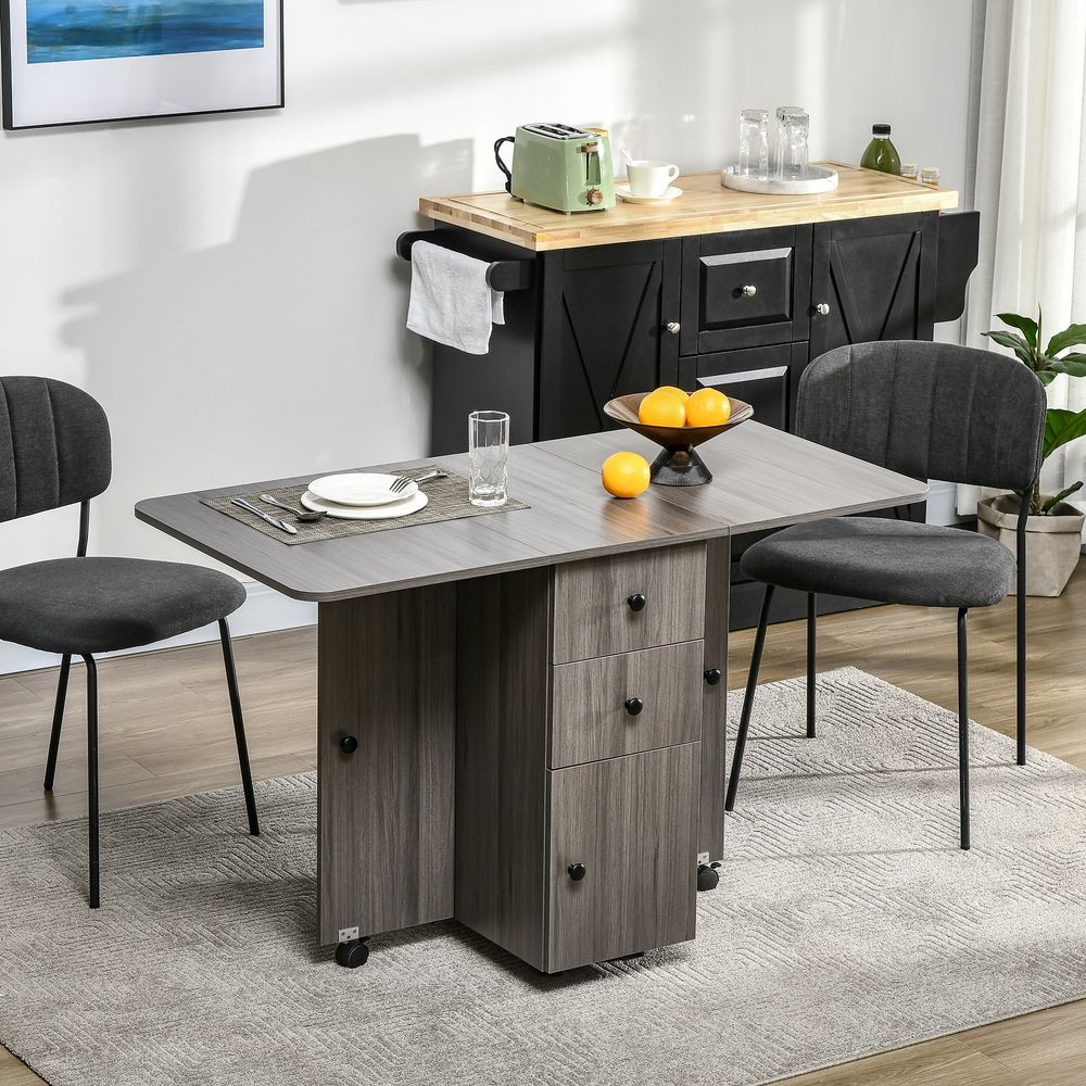 HOMCOM Folding Dining Table, Drop Leaf, Grey - Quality Expandable Space Saver with Storage Drawers
