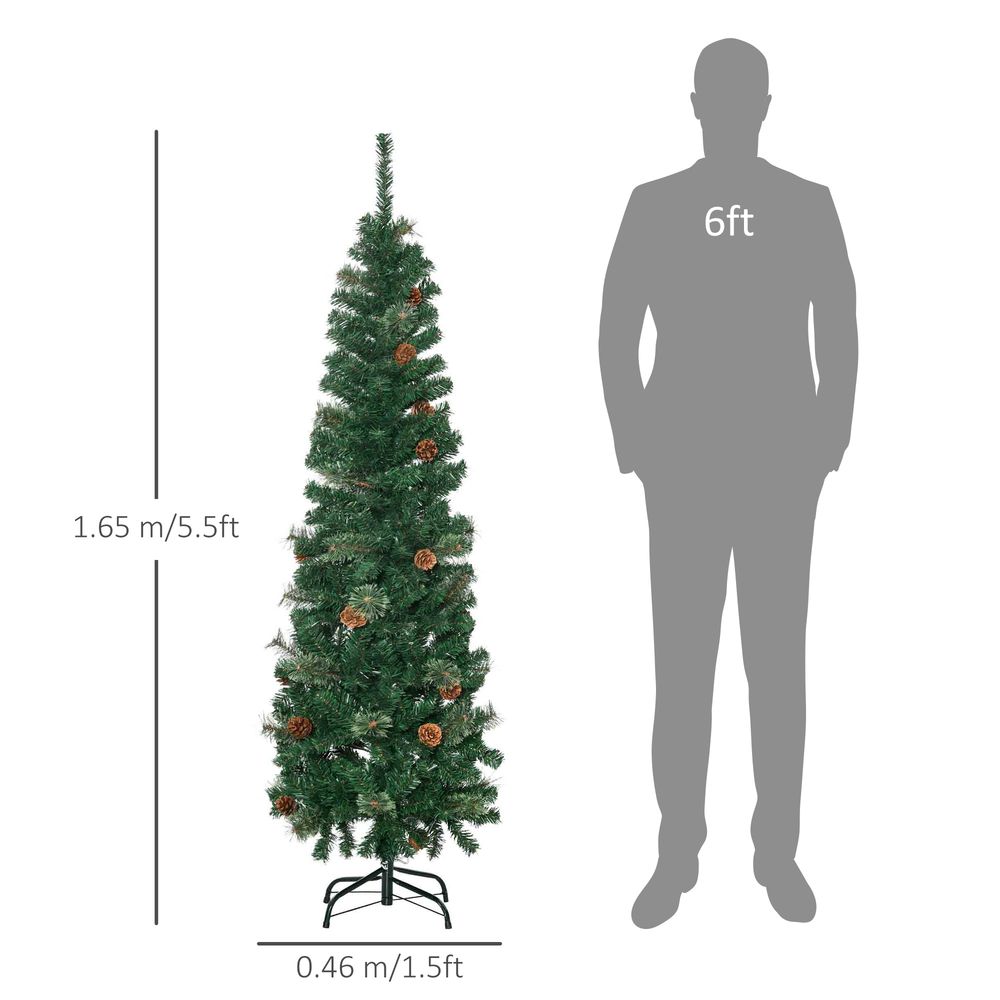 HOMCOM 5.5FT Tall Pencil Slim Artificial Christmas Tree with Realistic Branches, Tip Count and Pine Cones, Pine Needles Tree, Xmas Decoration, Green