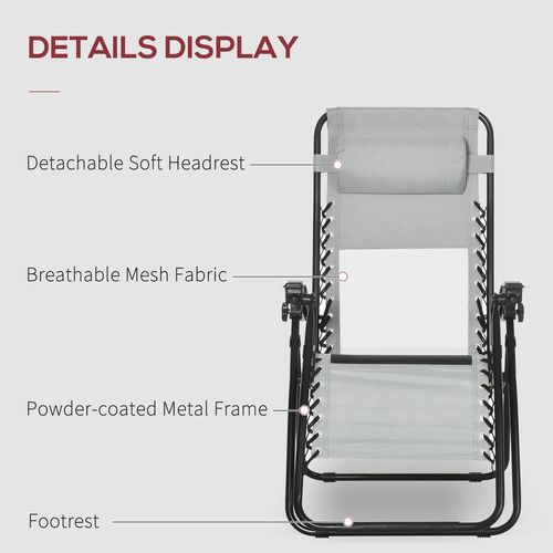 Foldable Garden Recliner Chair Set of 2 w/ Footstool & Headrest, Grey