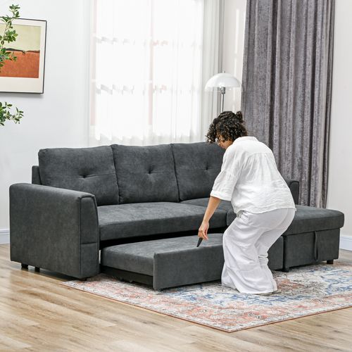 HOMCOM 3 Seater Sofa Bed, Convertible Pull Out Sofa with Storage, Dark Grey