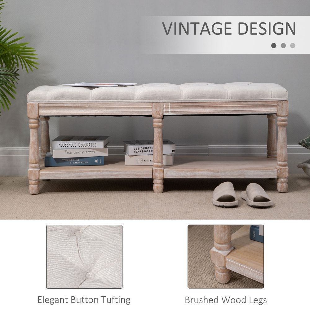 HOMCOM 2-Tier Bed End Bench, Vintage Stool, Wooden Window Seat with Storage Shelf, Button Tufted Upholstered Footstool for Living Room, Bedroom, Entryway, Cream White