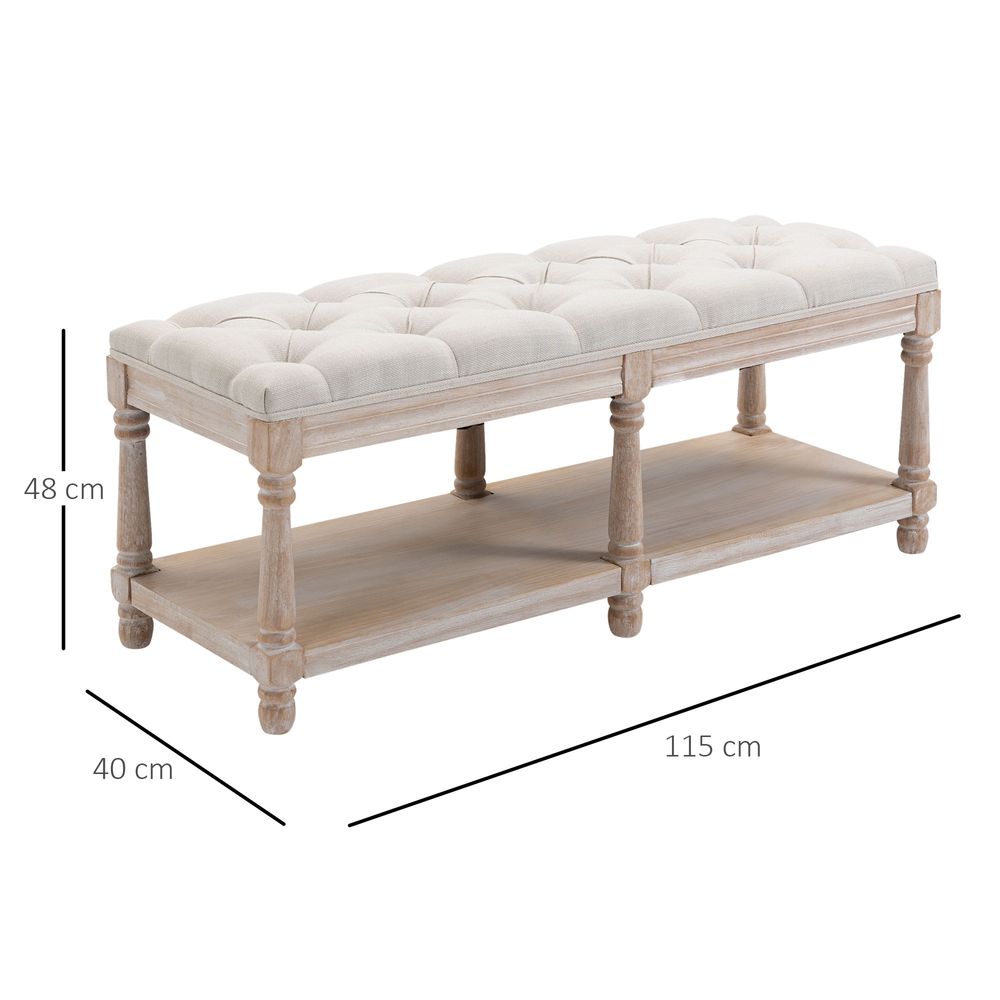 HOMCOM 2-Tier Bed End Bench, Vintage Stool, Wooden Window Seat with Storage Shelf, Button Tufted Upholstered Footstool for Living Room, Bedroom, Entryway, Cream White