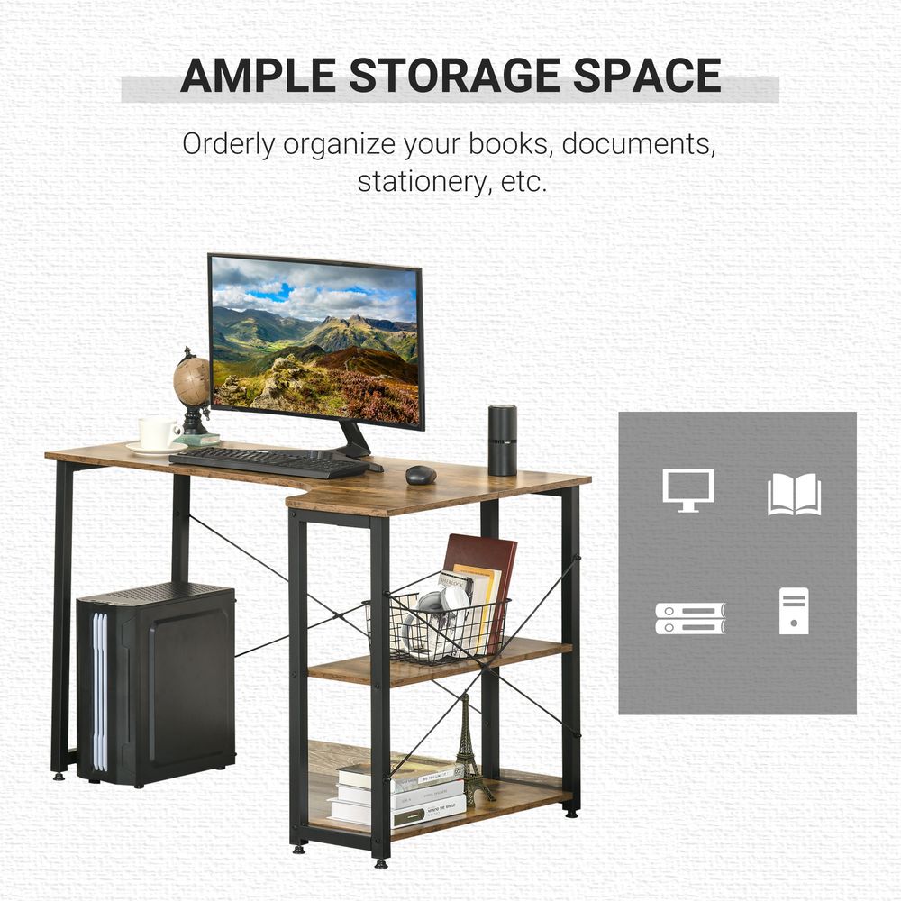 HOMCOM L Shaped Desk, Corner Computer Desk with Bookshelf for Home Office, Study Room, Workstation, 120 x 73.2 x 75cm, Rustic Brown