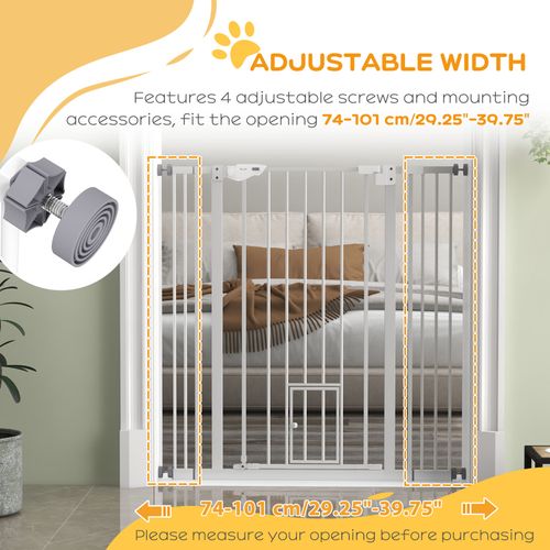 PawHut Extra Tall Dog Gate with Cat Door Auto Close for Stairs 74-101 cm Wide
