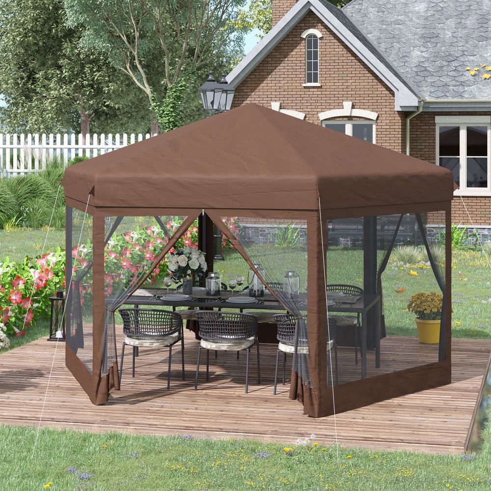 Hexagonal Garden Gazebo Shelter Adjustable with Mosquito Net Brown