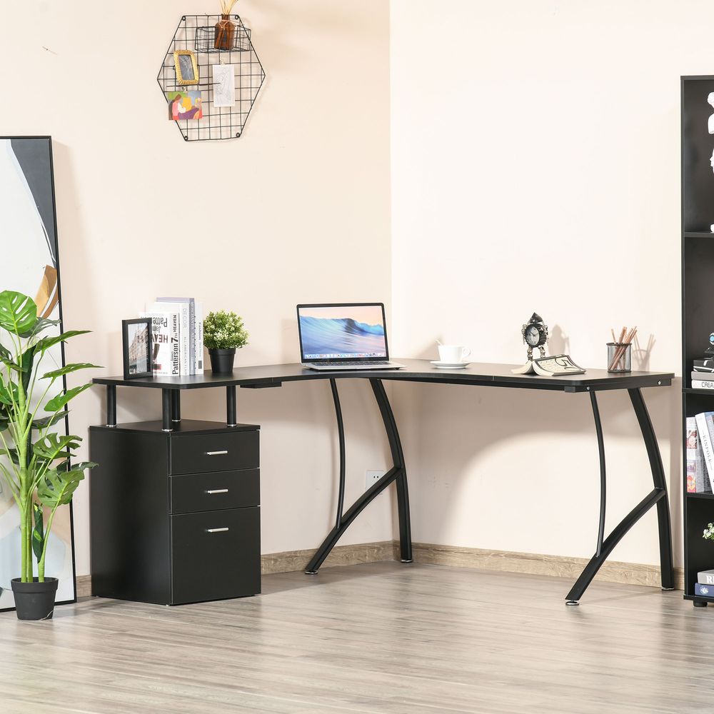 HOMCOM L-Shaped Computer Desk Table with Storage Drawer Home Office Corner Industrial Style Workstation for A4 Files 143.5 x 143.5 x 76cm, Black