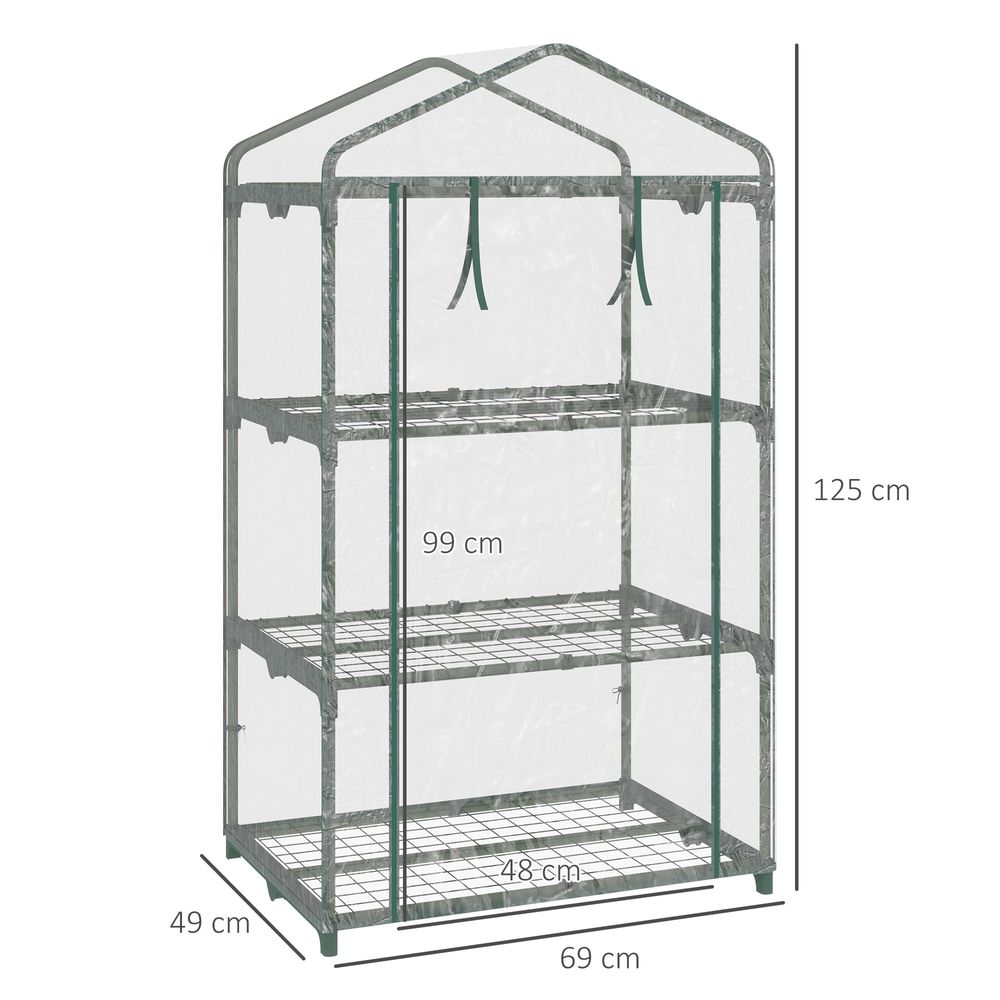 Premium 3 Tier Mini Greenhouse, Roll Up Door, Wire Shelves, 69x49x125cm