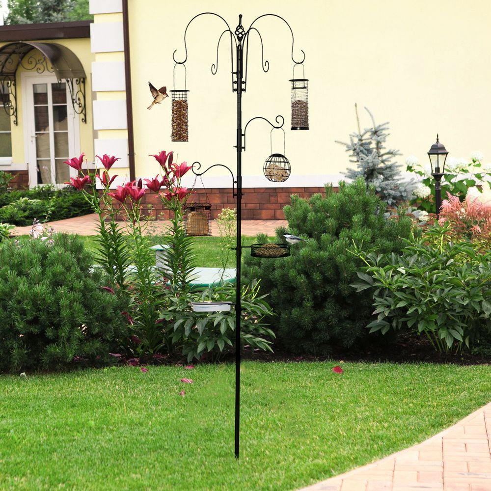 Pawhut Bird Feeding Station Kit, Wild Bird Feeder Pole with 6 Hooks, 4 Hanging Feeders for Peanuts, Seed, Fat Balls, for Garden, Outdoor, Black