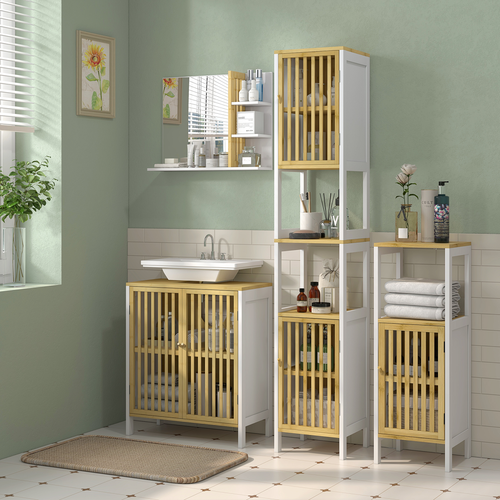 HOMCOM Tall Bathroom Cabinet Bamboo Bathroom Cupboard with Adjustable Shelves