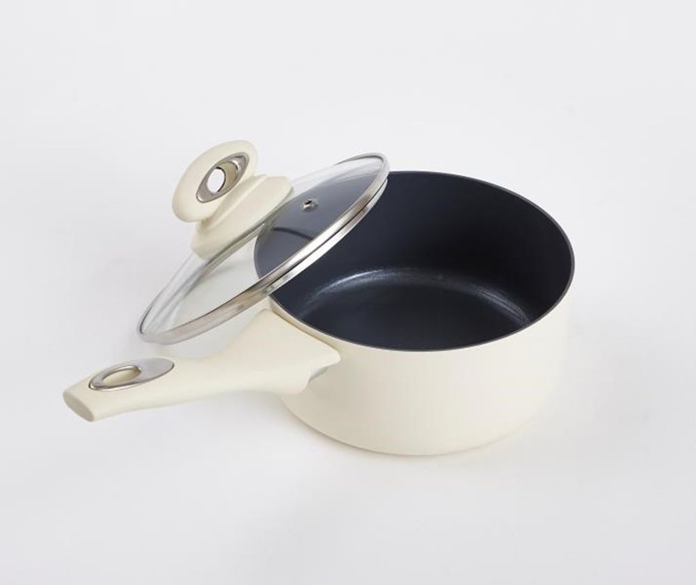 Cermalon Cream 5 Piece Cookware Set - Complete Pan Set with Tempered Glass Lids and Non-Stick Coating